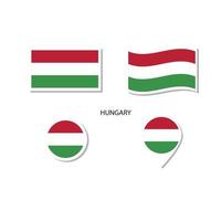 hongarije vlag logo icon set, rechthoek plat pictogrammen, cirkelvorm, marker met vlaggen. vector