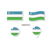 Oezbekistan vlag logo icon set, rechthoek plat pictogrammen, ronde vorm, marker met vlaggen. vector