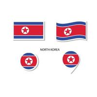 noord-korea vlag logo icon set, rechthoek plat pictogrammen, cirkelvorm, marker met vlaggen. vector