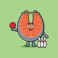 leuke cartoon verse zalm karakter spelen bowling vector