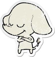 verontruste sticker van een cartoon lachende olifant met gekruiste armen vector
