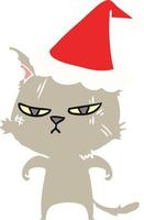 stoere egale kleurenillustratie van een kat met een kerstmuts vector