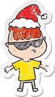 verontruste sticker cartoon van een jongen die een zonnebril draagt met een kerstmuts vector