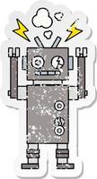 verontruste sticker van een schattige cartoon defecte robot vector