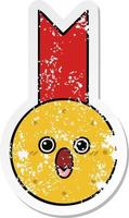 verontruste sticker van een leuke cartoon gouden medaille vector
