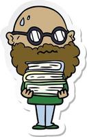 sticker van een cartoon bezorgde man met baard en stapel boeken vector