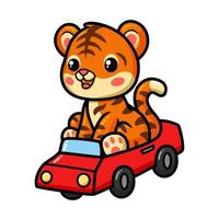 schattige baby tijger cartoon rijden rode auto vector