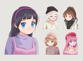 vijf meisjes anime-stijl vector
