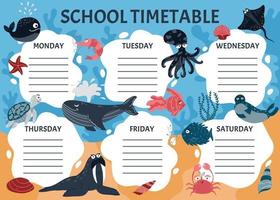 schoolrooster van de lessen op de basisschool. wekelijkse planner sjabloon met cartoon zeedieren. vectorafbeeldingen in cartoonstijl vector