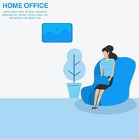 werk thuis, co-working space, concept illustratie. jonge vrouw, vrouwelijke freelancer die thuis met laptop en computer werkt. vector vlakke stijl illustratie