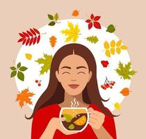 herfst stemming illustratie. herfst stemming illustratie. hallo herfst, mooi meisje met herfstbladeren en kop hete thee. vector