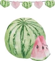 aquarel illustratie van watermeloen, hele watermeloen, een stuk watermeloen, een plakje watermeloen. watermeloen liefde en harten vector