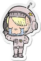 verontruste sticker van een cartoon huilend astronautenmeisje vector