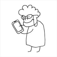 vector tekening in de stijl van doodle. ouderen, oude vrouw met een telefoon, smartphone, tablet. grappige tekening oma die nieuwe technologieën leert. online winkelen, training, onderwijs