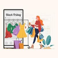 vrouw shopt kleding online op black friday vector