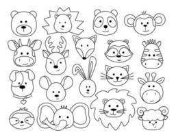 een set dierenkoppen in een kinderachtige cartoonstijl. pictogrammen, eenvoudige contouren voor decor, illustraties, logo. schattige vos, giraf, olifant, leeuw, stier. silhouet, schets vectorillustratie. vector