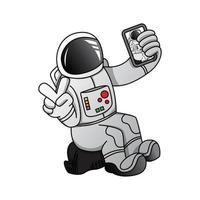 astronaut mascotte cartoon doet selfie met handphone vector