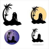 set van silhouet paar palmbomen in strand met background vector