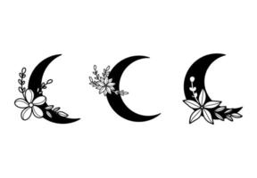 collectie zwart-witte maan met bloemillustraties vector