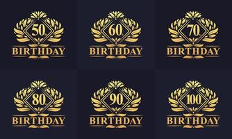 vintage retro verjaardag logo set. luxe gouden verjaardagslogo-bundel. 50e, 60e, 70e, 80e, 90e, 100e gelukkige verjaardag logo bundel. vector