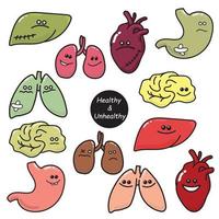 doodle stijl vectorillustratie. een set van interne organen gezond en ongezond. pictogrammen vergelijking van zieke en gezonde organen. maag, lever, hart, longen, nieren, hersenen. flat voor kinderstrips vector