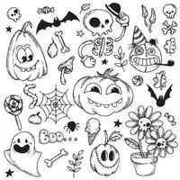 vector tekening. set illustraties rond het thema halloween in de stijl van tekenfilms uit de jaren 30. zwart-wit afbeeldingen, grappige foto's van skeletten, pompoenen, spoken en snoep