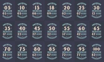gelukkige verjaardag viering typografie bundel ontwerp. retro vintage verjaardag citaat ontwerp bundel. set van 5e, 10e, 15e, 20e, 25e, 30e, 35e, 40e, 45e, 50e, 55e, 60e, 65e, 70e, 75e, 80e vector