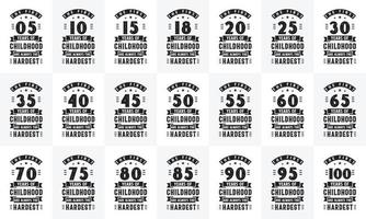 verjaardag ontwerp bundel. retro vintage verjaardag typografie bundel. de eerste 5, 10, 15, 10, 15, 20, 25, 30, 35, 40, 45, 50, 55, 60, 65, 70, 75, 80, 85, 90, 95, 100 jaar kindertijd vector