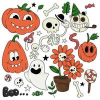 vector tekening. set elementen voor de vakantie van halloween in de stijl van tekenfilms 30s. leuke halloween-pompoenen, spook, skelet. retro
