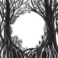 vector tekening, zwart-wit magisch bos frame. silhouet van een fantastisch, magisch bos. ontwerp voor halloween. frame voor kaarten, boeken.
