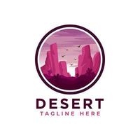 woestijn logo ontwerpsjabloon met zonsondergang en een silhouet van een kameel. vector illustratie