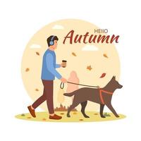 een jonge man laat de hond uit. hallo herfst.koffie in de hand. vectorillustratie. vector