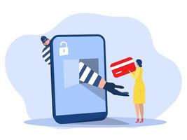 hackers vallen aan en online oplichting en stelen. met creditcard creditcard online betalingszwendelconcept van app voor smartphonebetaling vector