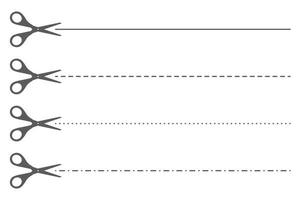 papier gesneden illustratie met stippellijn. schaar met grenslijnen. vector set streepjessymbolen
