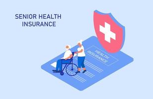 senior ziektekostenverzekering concept, ouderen op rolstoel kopen medische en zorgverzekering voor ongevallen en gezondheidsbescherming. vector