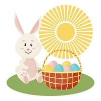 konijntjes karakter. zittend op het gras en lachende grappige, vrolijke paas-tekenfilmkonijnen met eieren, mand en zon vector