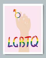 witte hand met het mannelijke symbool van het regenbooggeslacht en doole-inscriptie lgbtq vector