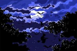 heks en vleermuizen in de nacht van de volle maan. de eenzaamheid is beangstigend in de nacht van helloween. vector