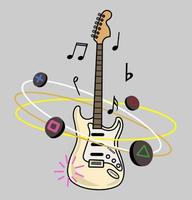 concept van instrumentaal geluid. vintage stratocaster stijl elektrische gitaar. muzieknoten en bedieningselementen draaien om de gitaar. vector