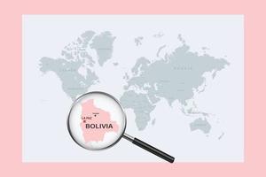 kaart van bolivia op politieke wereldkaart met vergrootglas vector