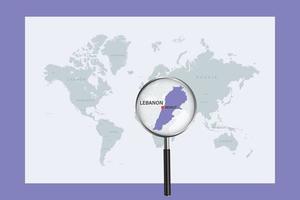 kaart van libanon op politieke wereldkaart met vergrootglas vector
