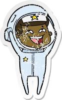 verontruste sticker van een cartoon lachende astronaut vector