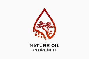natuurlijke olie logo-ontwerp met creatief concept, boomsilhouet gecombineerd met druppels icoon vector