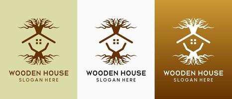 houten huis logo-ontwerp met creatief concept, boompictogram gecombineerd met huispictogram vector