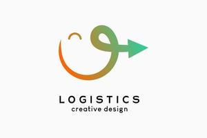 logo logistiek, logistiek en rederij. pijlpictogram in lijntekeningen van lachende persoon vector
