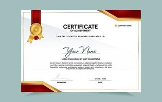 rode en gouden certificaat van prestatie-sjabloon ingesteld met gouden badge en rand. voor prijs-, bedrijfs- en onderwijsbehoeften. vector illustratie