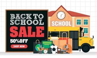 Welkom terug op school. terug naar school verkoop 50 procent korting op conceptontwerp platte banner vector