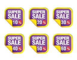 violet verkoop stickers set. uitverkoop 10, 20, 30, 40, 50, 60 procent korting met pakketpictogram vector