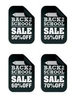 terug naar school verkoop 50, 55, 60, 70 procent korting op zwarte stickers set vector