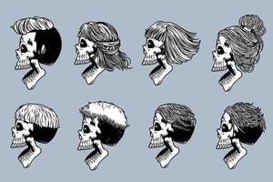schedel hoofd met verschillende haren en open mond illustratie set zwart-wit stijl vector